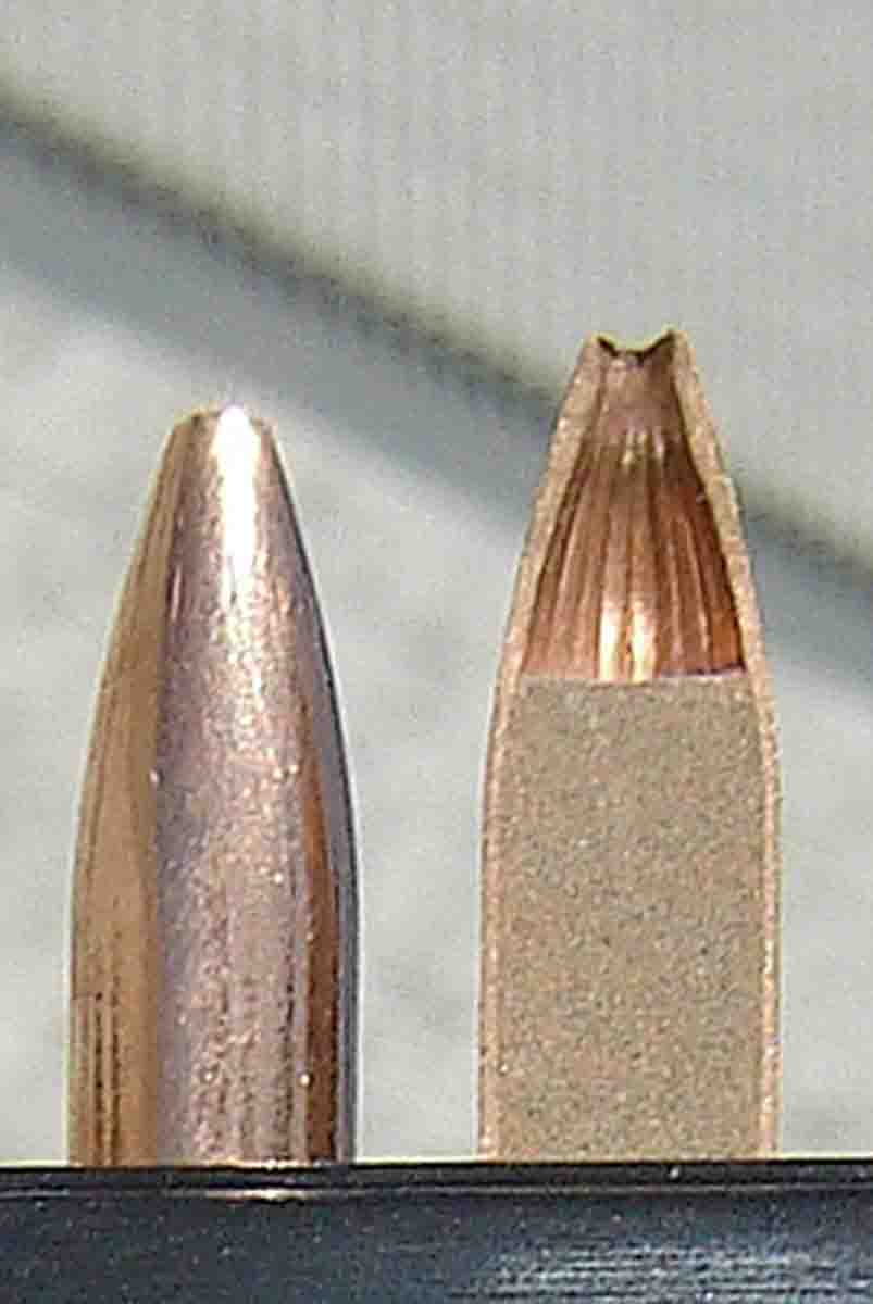 Tests in ballistic gelatin showed the 36-grain Varmint Grenade expended most of its energy in just 6 inches of penetration. Right, a sectioned Varmint Grenade shows the deep cavity and copper-tin composite core.